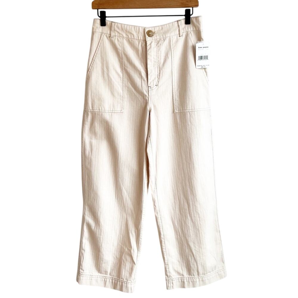 Free People Cream Color Women Wide Leg Pants Size 6 100% Cotton Brand New